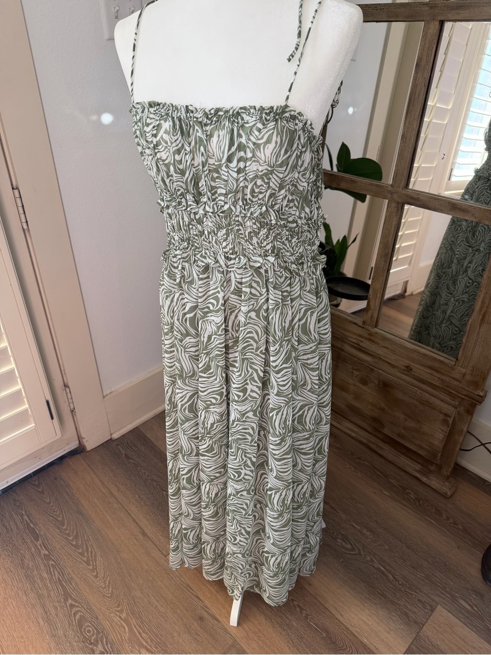 En Saison Green and White Striped Smocked Dress